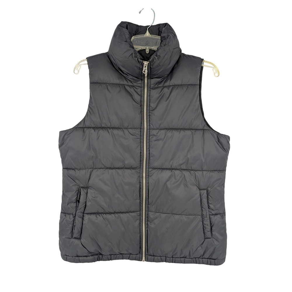 Old Navy Women‎ Puffer Vest Mock Neck Pockets Zip Front Black Sz M Fleece Lined